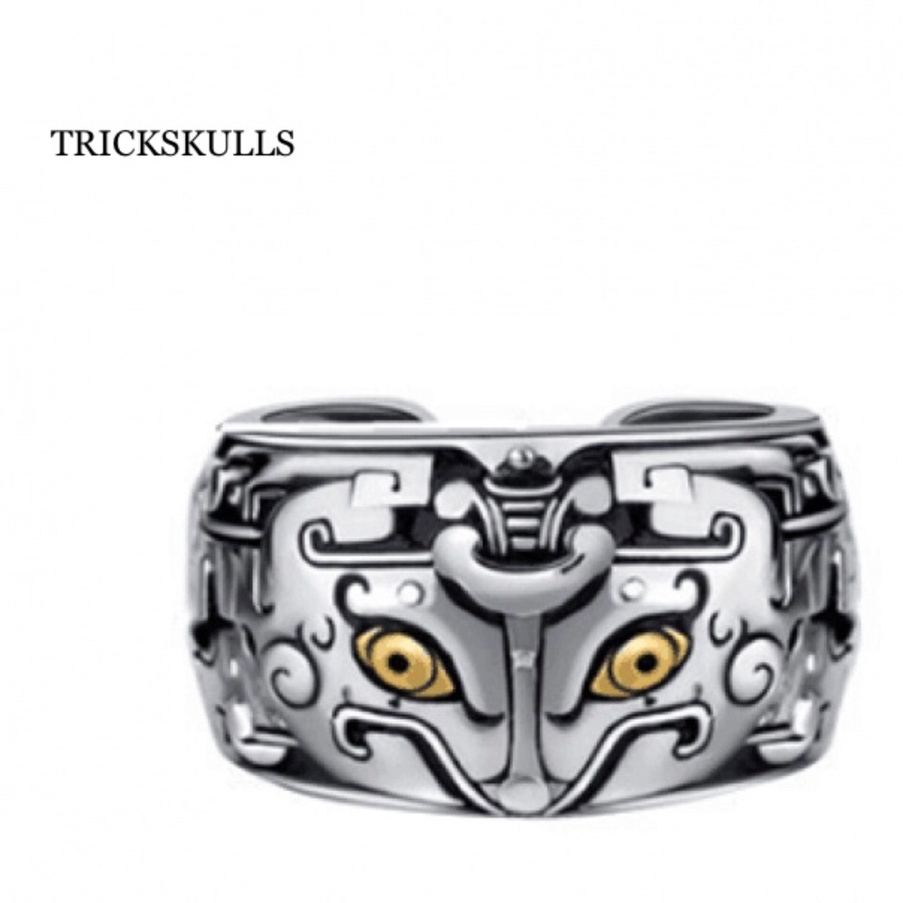 Silver Stainless Droid Fox Mens Open Adjustable Silver Plated Hand Painted Ring